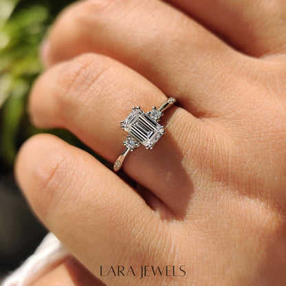 Lab grown emerald engagement ring in Lara Jewels setting, available in Silver. IGI certified, ethically sourced, handcrafted at Lara Jewels.
