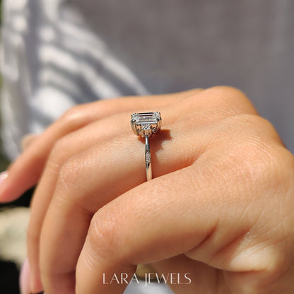Lab grown emerald engagement ring in Lara Jewels setting, available in Silver. IGI certified, ethically sourced, handcrafted at Lara Jewels.