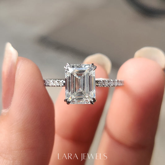 Lab grown emerald engagement ring in Lara Jewels setting, available in Silver. IGI certified, ethically sourced, handcrafted at Lara Jewels.