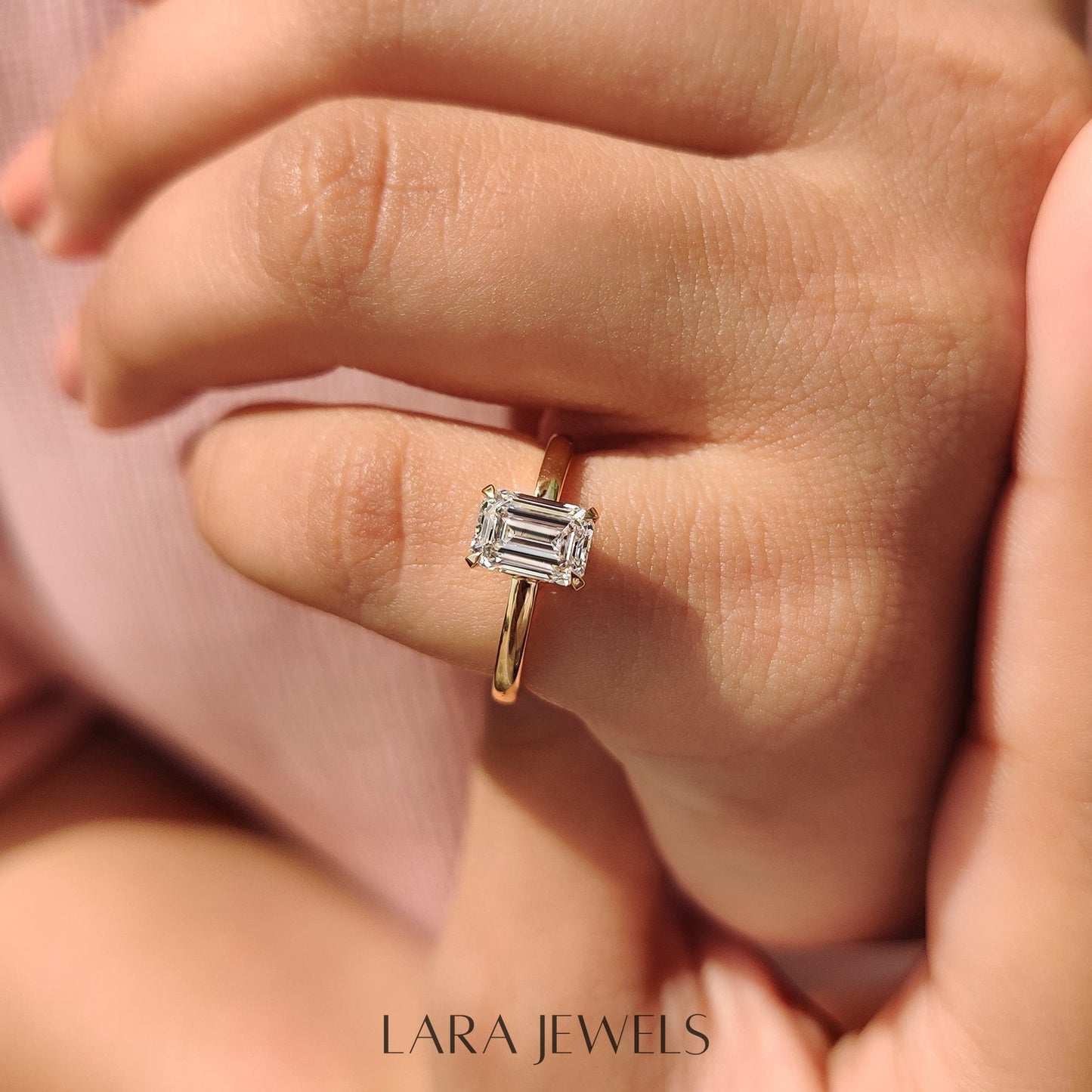 Lab grown emerald engagement ring in Basket Design, available in Silver. IGI certified, ethically sourced, handcrafted at Lara Jewels.