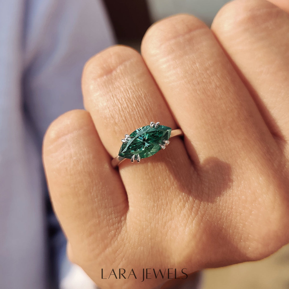 Lab grown marquise engagement ring in Solitaire Style, available in Silver. IGI certified, ethically sourced, handcrafted at Lara Jewels.