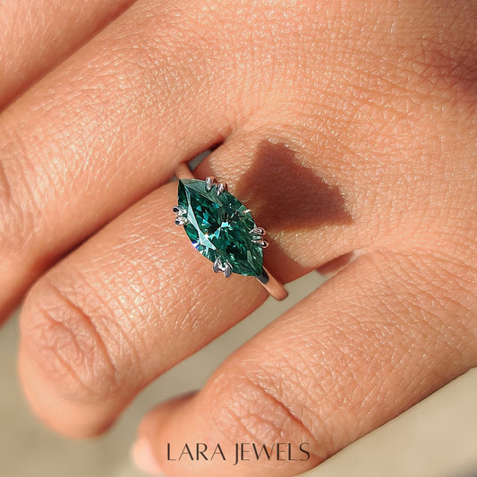 Lab grown marquise engagement ring in Solitaire Style, available in Silver. IGI certified, ethically sourced, handcrafted at Lara Jewels.