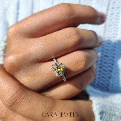 Lab grown heart engagement ring in Lara Jewels setting, available in Silver. IGI certified, ethically sourced, handcrafted at Lara Jewels.