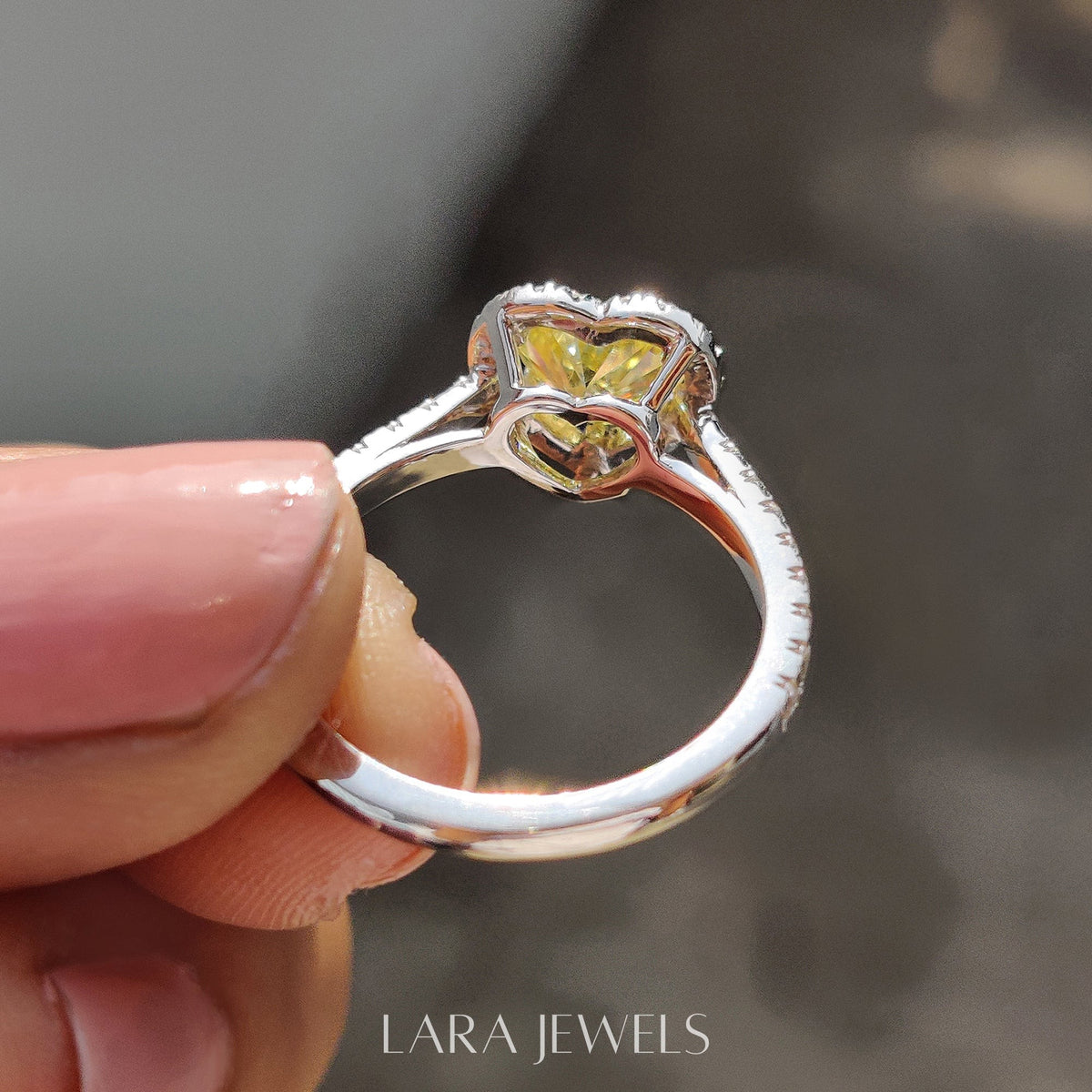 Lab grown heart engagement ring in Lara Jewels setting, available in Silver. IGI certified, ethically sourced, handcrafted at Lara Jewels.