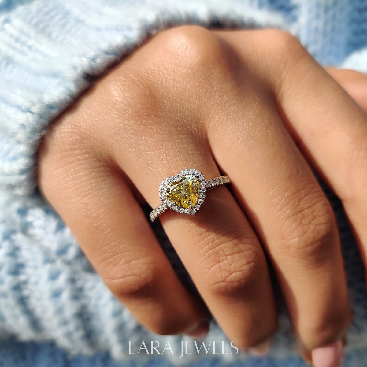 Lab grown heart engagement ring in Lara Jewels setting, available in Silver. IGI certified, ethically sourced, handcrafted at Lara Jewels.