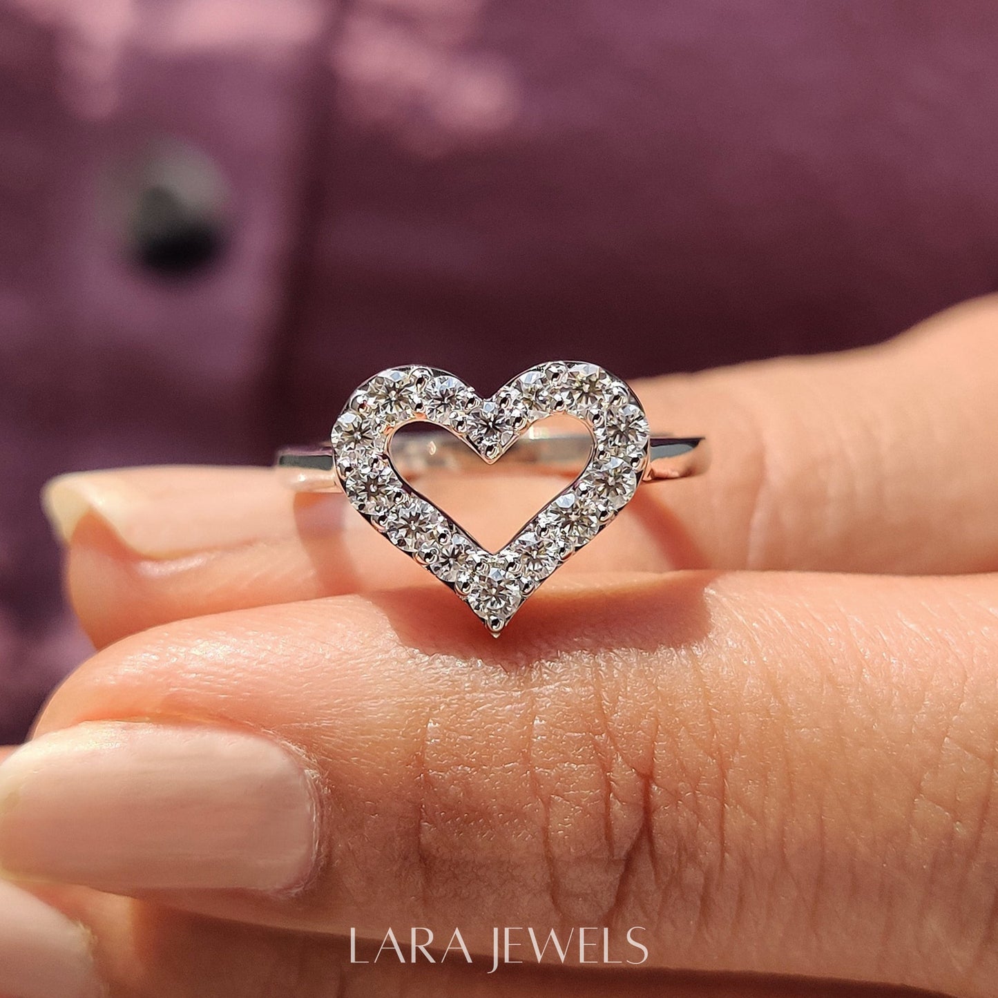 Lab grown round engagement ring in Round Cut Moissanite, available in Silver. IGI certified, ethically sourced, handcrafted at Lara Jewels.