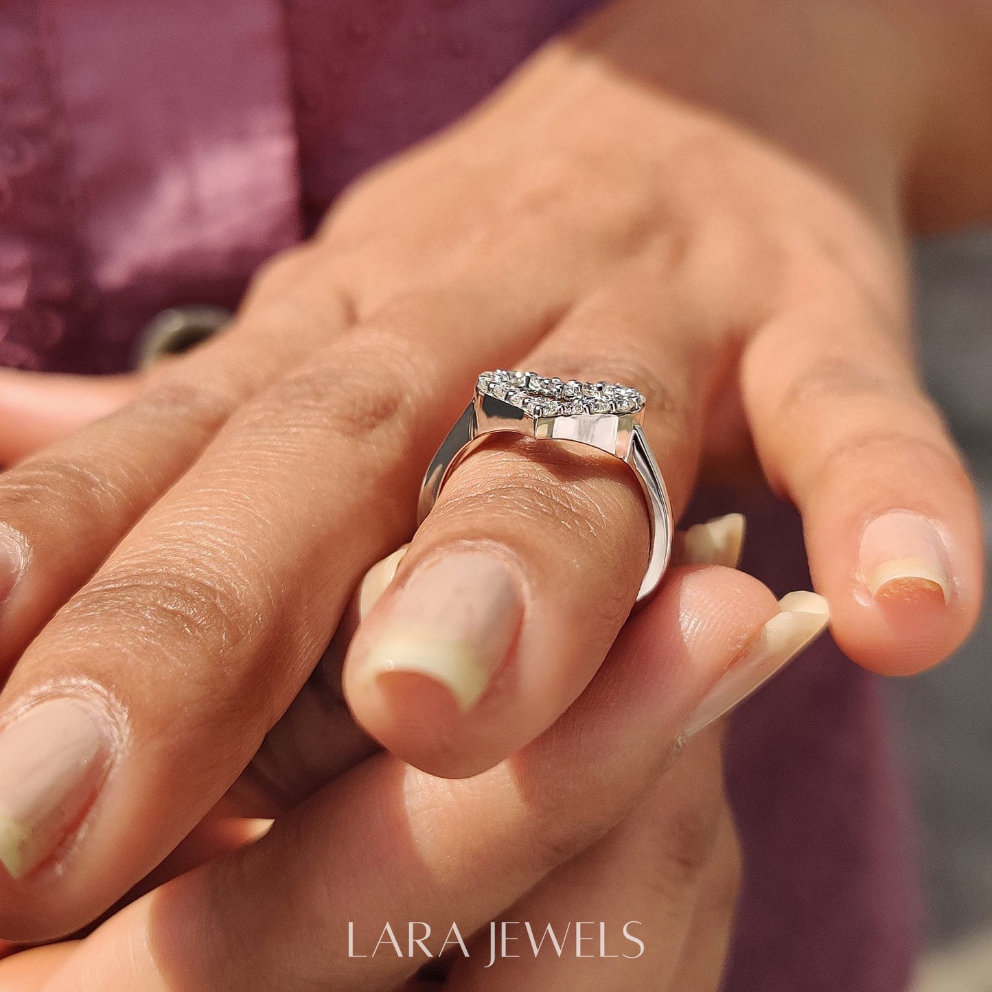 Lab grown round engagement ring in Round Cut Moissanite, available in Silver. IGI certified, ethically sourced, handcrafted at Lara Jewels.
