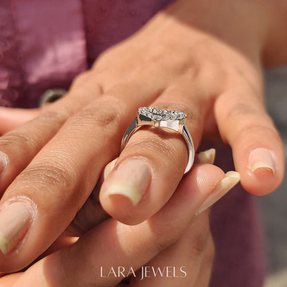 Lab grown round engagement ring in Round Cut Moissanite, available in Silver. IGI certified, ethically sourced, handcrafted at Lara Jewels.