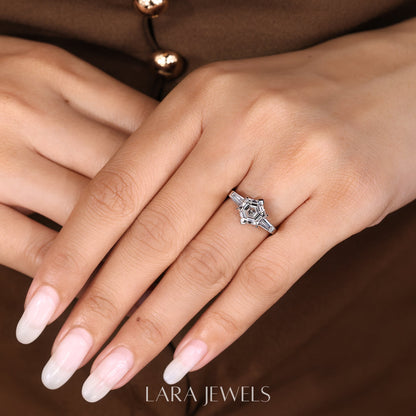 Lab grown baguette engagement ring in Lara Jewels setting, available in Silver. IGI certified, ethically sourced, handcrafted at Lara Jewels.