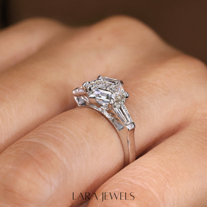 Lab grown baguette engagement ring in Lara Jewels setting, available in Silver. IGI certified, ethically sourced, handcrafted at Lara Jewels.