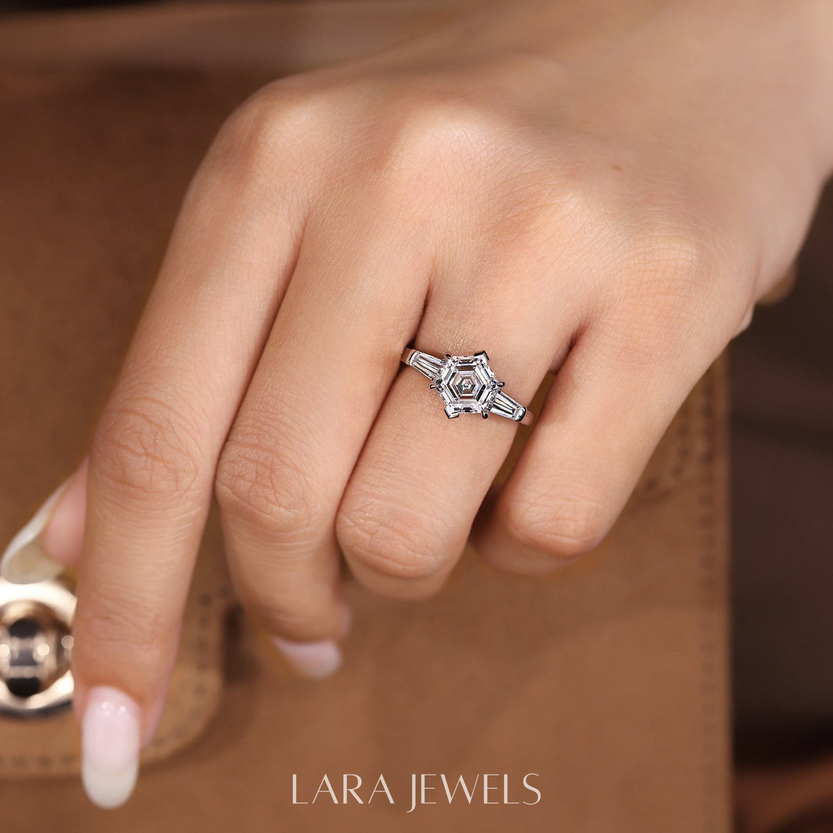 Lab grown baguette engagement ring in Lara Jewels setting, available in Silver. IGI certified, ethically sourced, handcrafted at Lara Jewels.