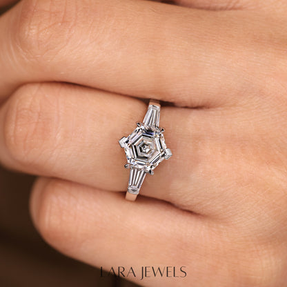 Lab grown baguette engagement ring in Lara Jewels setting, available in Silver. IGI certified, ethically sourced, handcrafted at Lara Jewels.