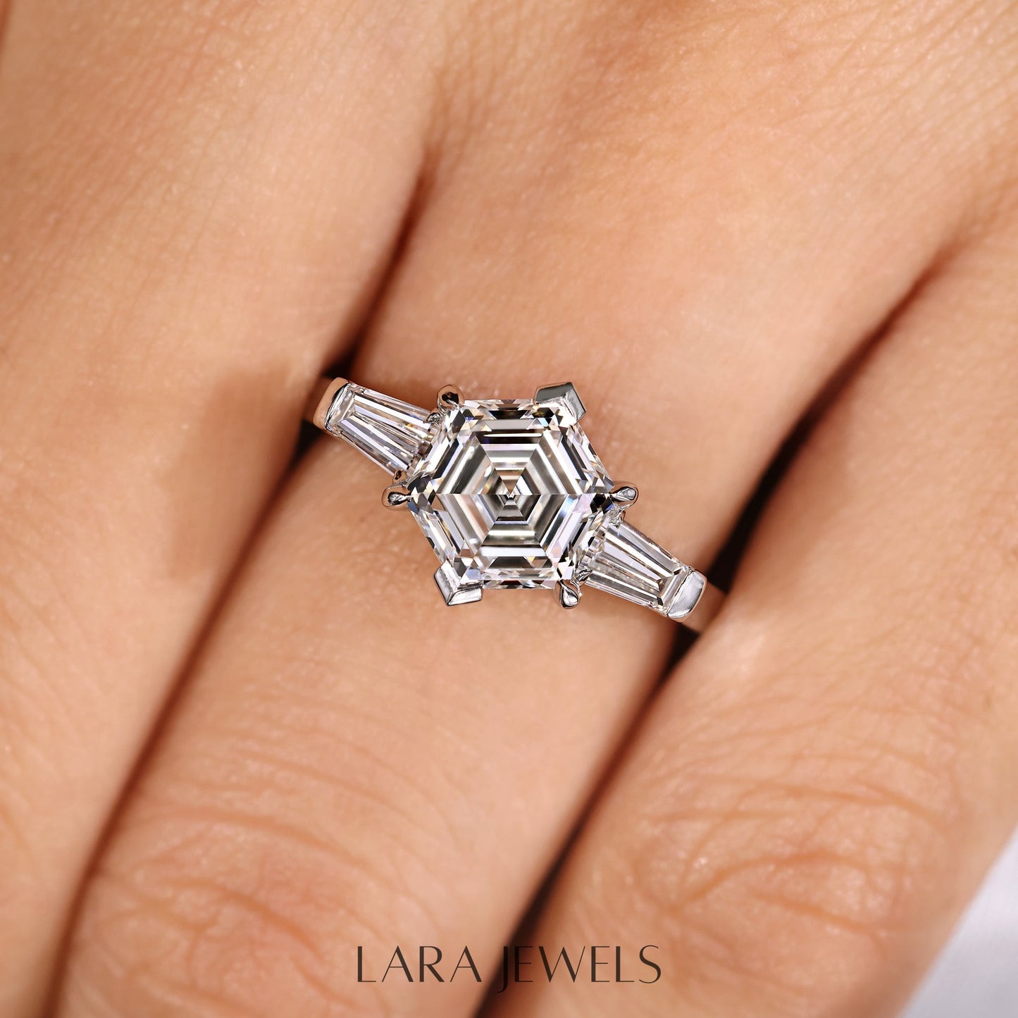 Lab grown baguette engagement ring in Lara Jewels setting, available in Silver. IGI certified, ethically sourced, handcrafted at Lara Jewels.