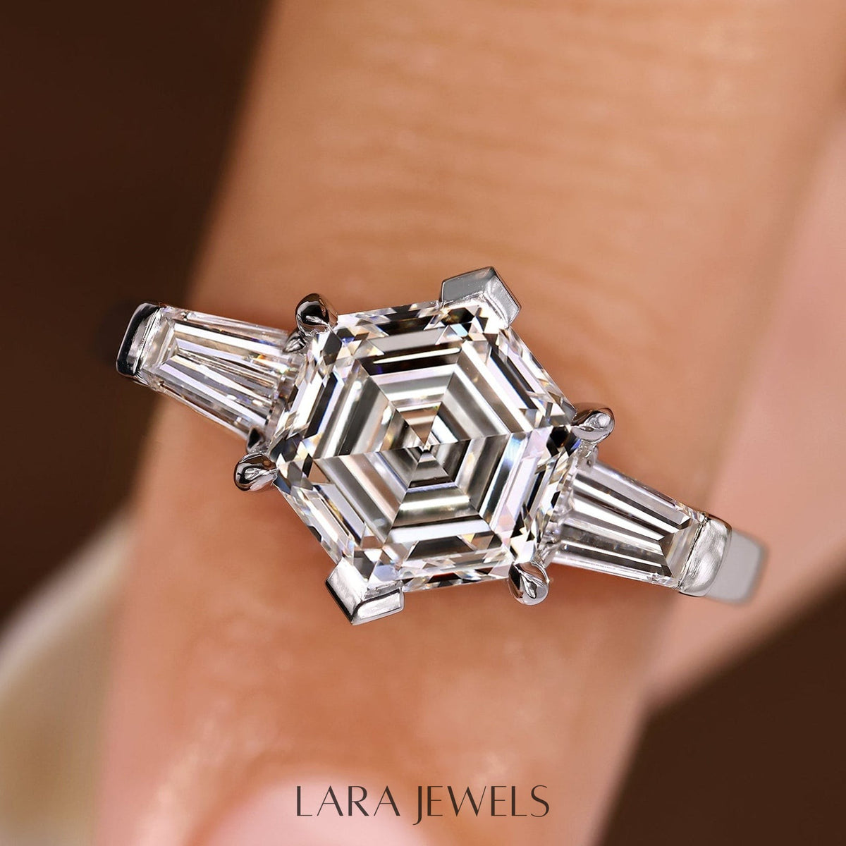 Lab grown baguette engagement ring in Lara Jewels setting, available in Silver. IGI certified, ethically sourced, handcrafted at Lara Jewels.
