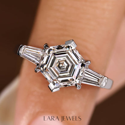 Lab grown baguette engagement ring in Lara Jewels setting, available in Silver. IGI certified, ethically sourced, handcrafted at Lara Jewels.