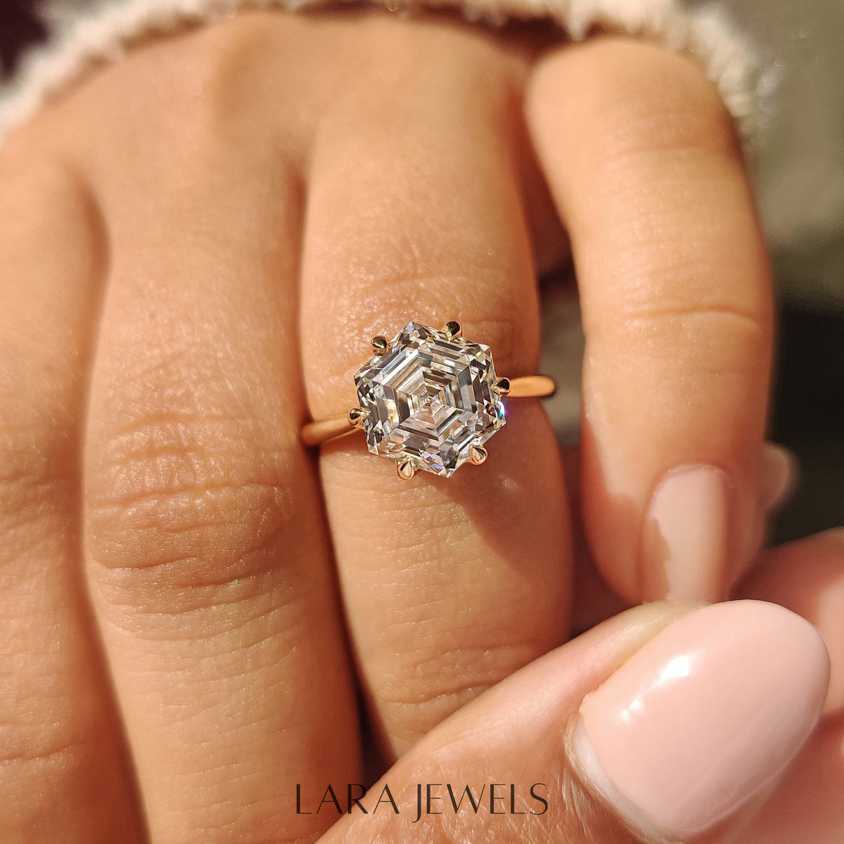Lab grown hexagon engagement ring in Tulip Setting, available in Silver. IGI certified, ethically sourced, handcrafted at Lara Jewels.