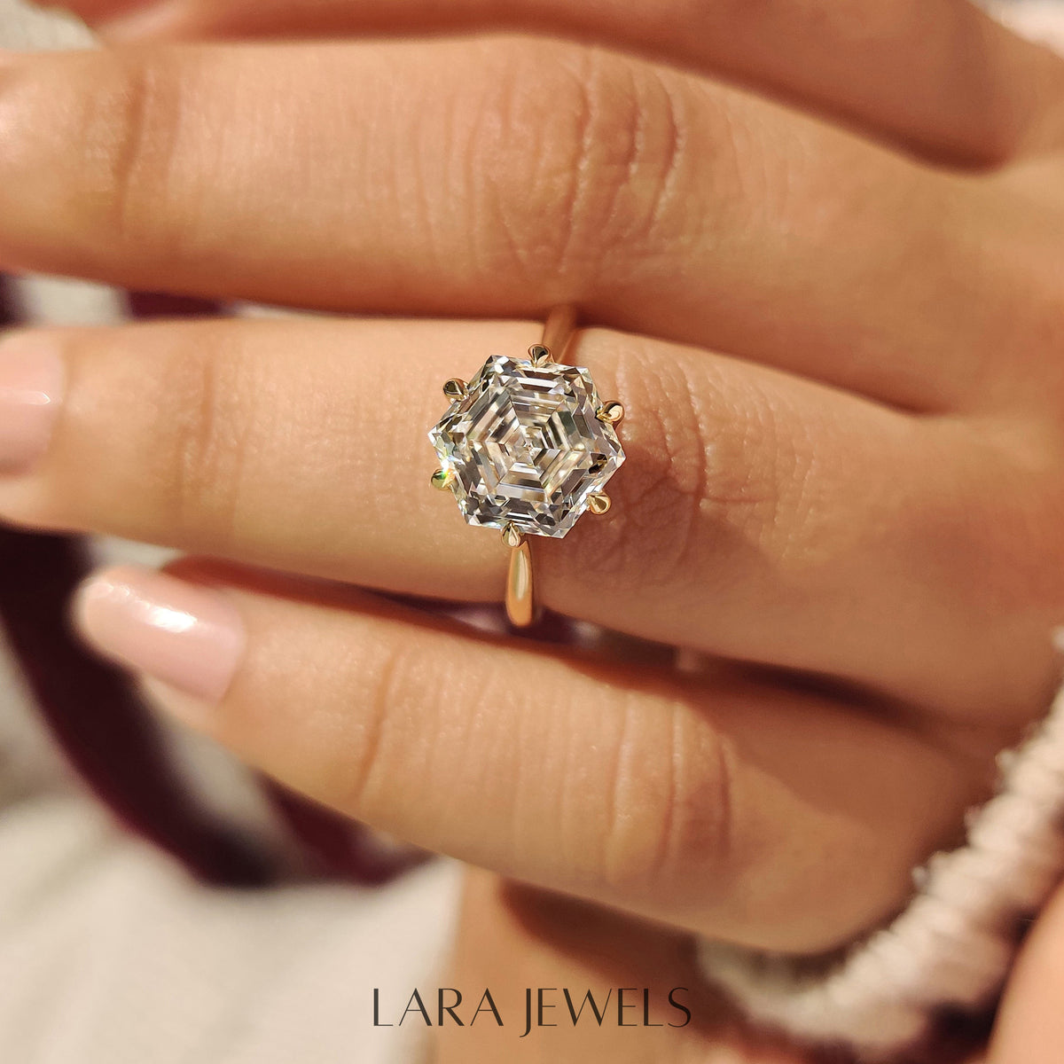 Lab grown hexagon engagement ring in Tulip Setting, available in Silver. IGI certified, ethically sourced, handcrafted at Lara Jewels.