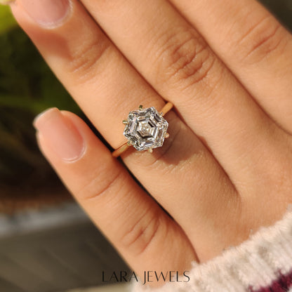 Lab grown hexagon engagement ring in Tulip Setting, available in Silver. IGI certified, ethically sourced, handcrafted at Lara Jewels.