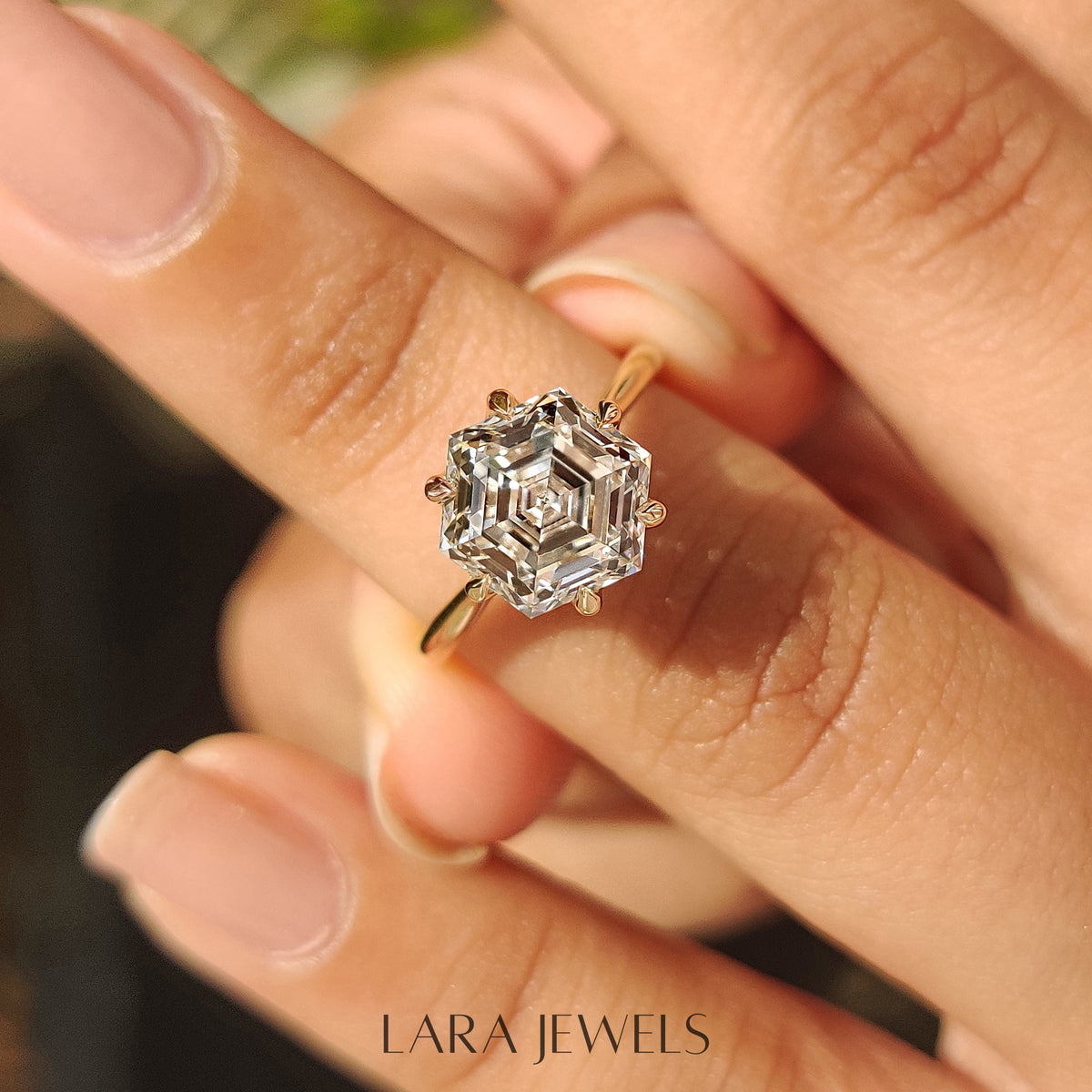 Lab grown hexagon engagement ring in Tulip Setting, available in Silver. IGI certified, ethically sourced, handcrafted at Lara Jewels.