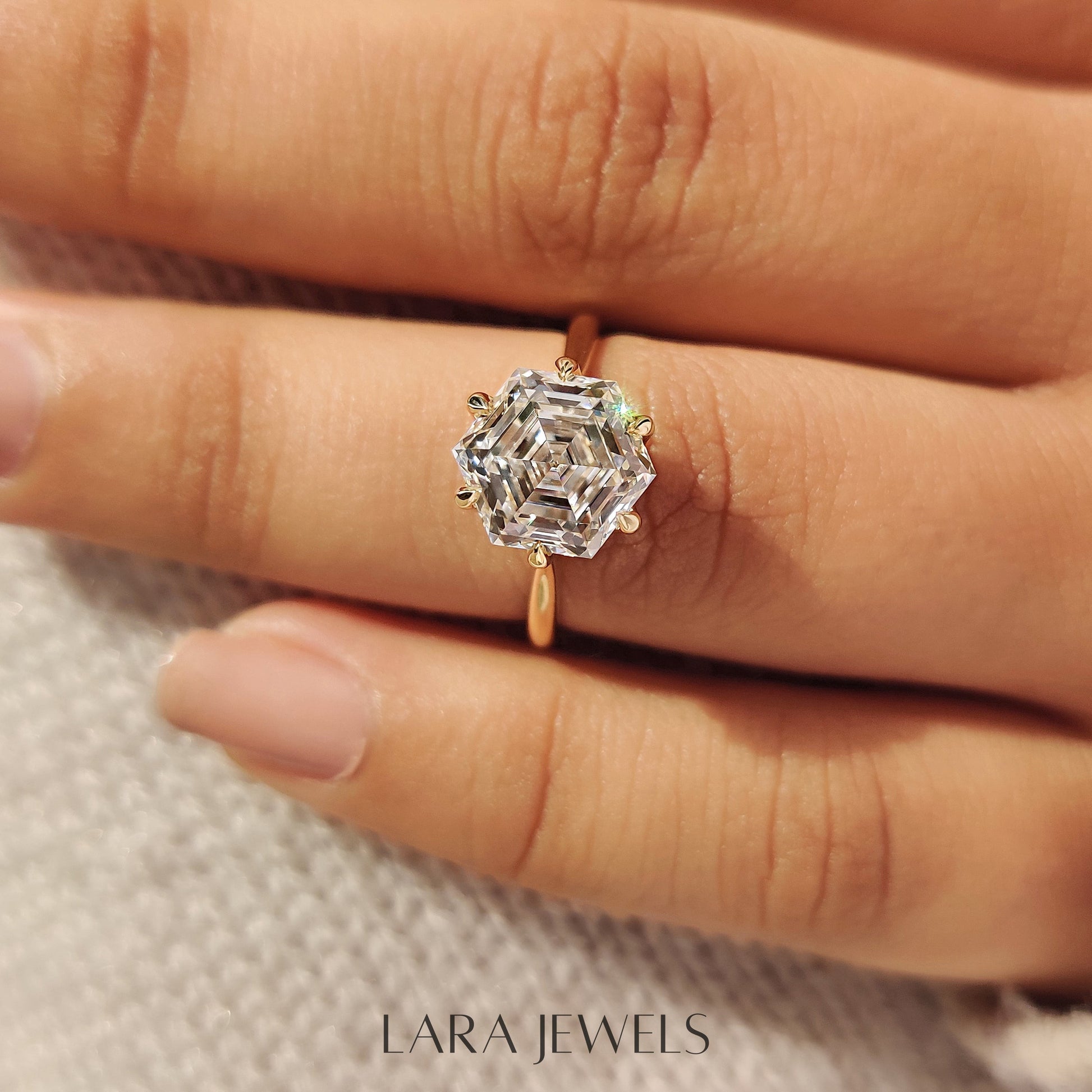Lab grown hexagon engagement ring in Tulip Setting, available in Silver. IGI certified, ethically sourced, handcrafted at Lara Jewels.