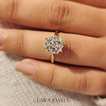 Lab grown hexagon engagement ring in Tulip Setting, available in Silver. IGI certified, ethically sourced, handcrafted at Lara Jewels.