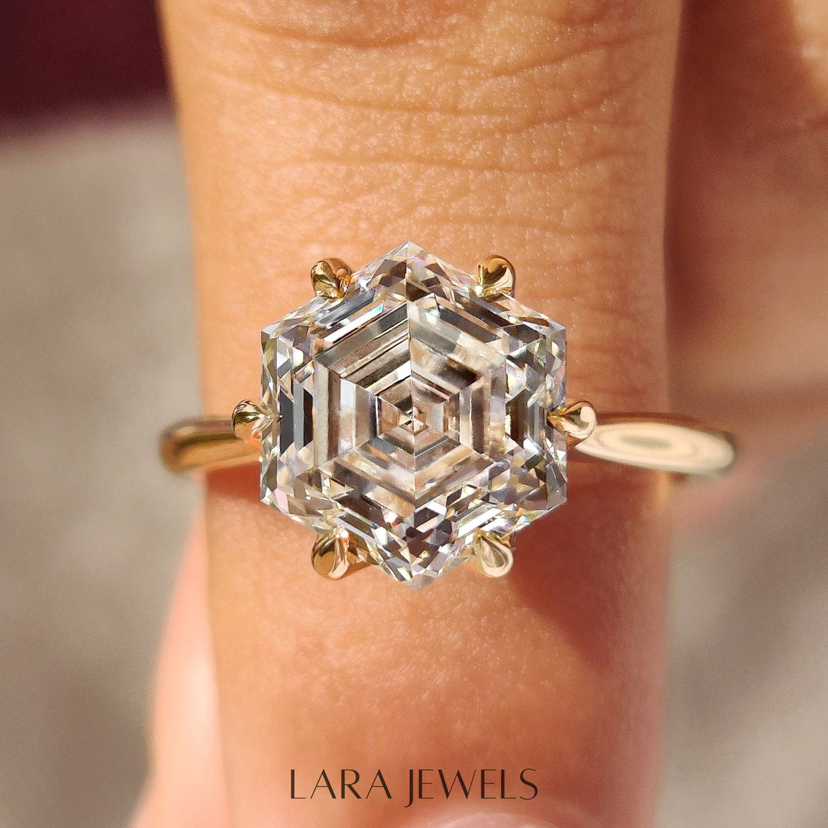 Lab grown hexagon engagement ring in Tulip Setting, available in Silver. IGI certified, ethically sourced, handcrafted at Lara Jewels.