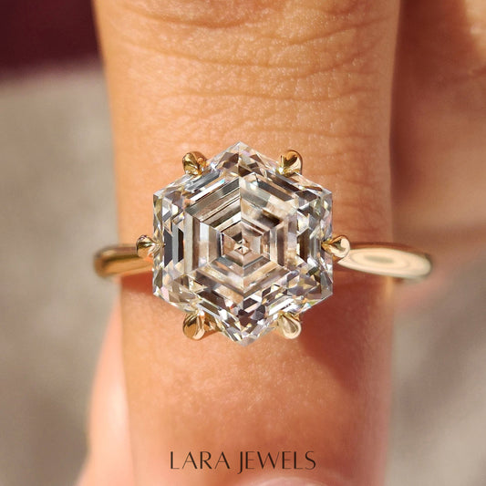 Lab grown hexagon engagement ring in Tulip Setting, available in Silver. IGI certified, ethically sourced, handcrafted at Lara Jewels.