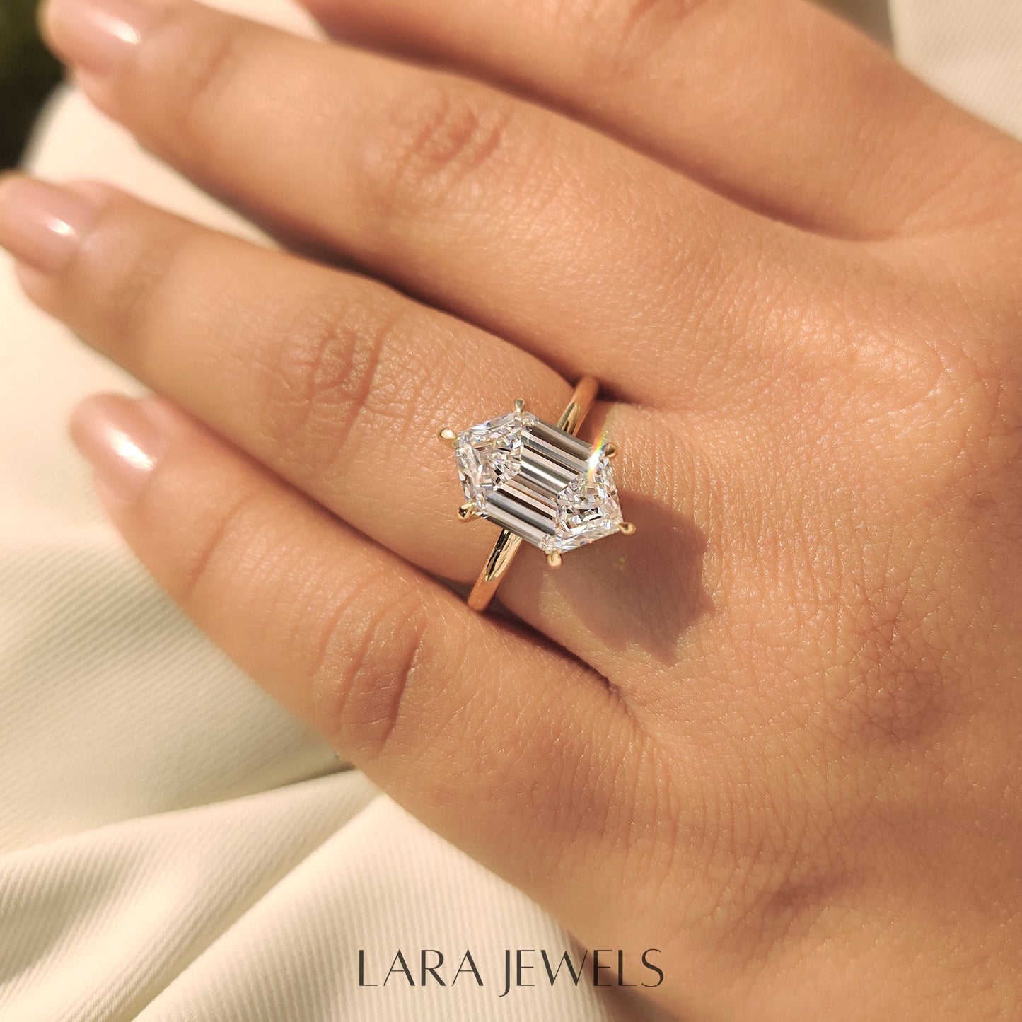 Lab grown hexagon engagement ring in Lara Jewels setting, available in Silver. IGI certified, ethically sourced, handcrafted at Lara Jewels.