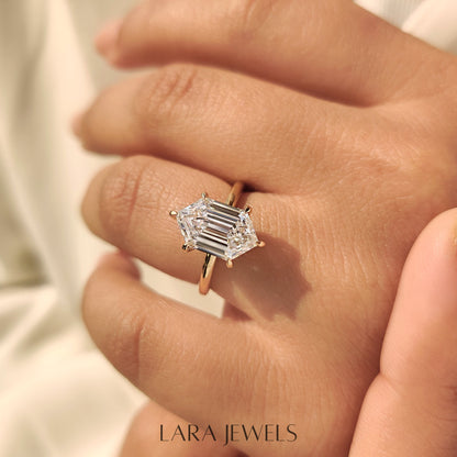 Lab grown hexagon engagement ring in Lara Jewels setting, available in Silver. IGI certified, ethically sourced, handcrafted at Lara Jewels.