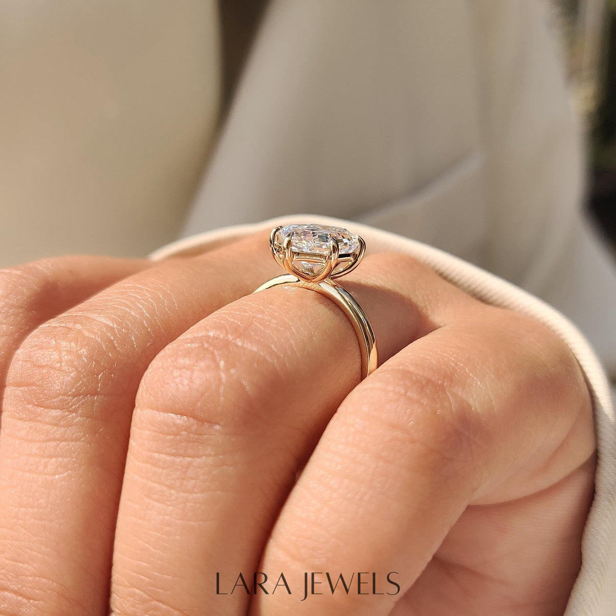 Lab grown hexagon engagement ring in Lara Jewels setting, available in Silver. IGI certified, ethically sourced, handcrafted at Lara Jewels.