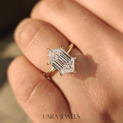 Lab grown hexagon engagement ring in Lara Jewels setting, available in Silver. IGI certified, ethically sourced, handcrafted at Lara Jewels.