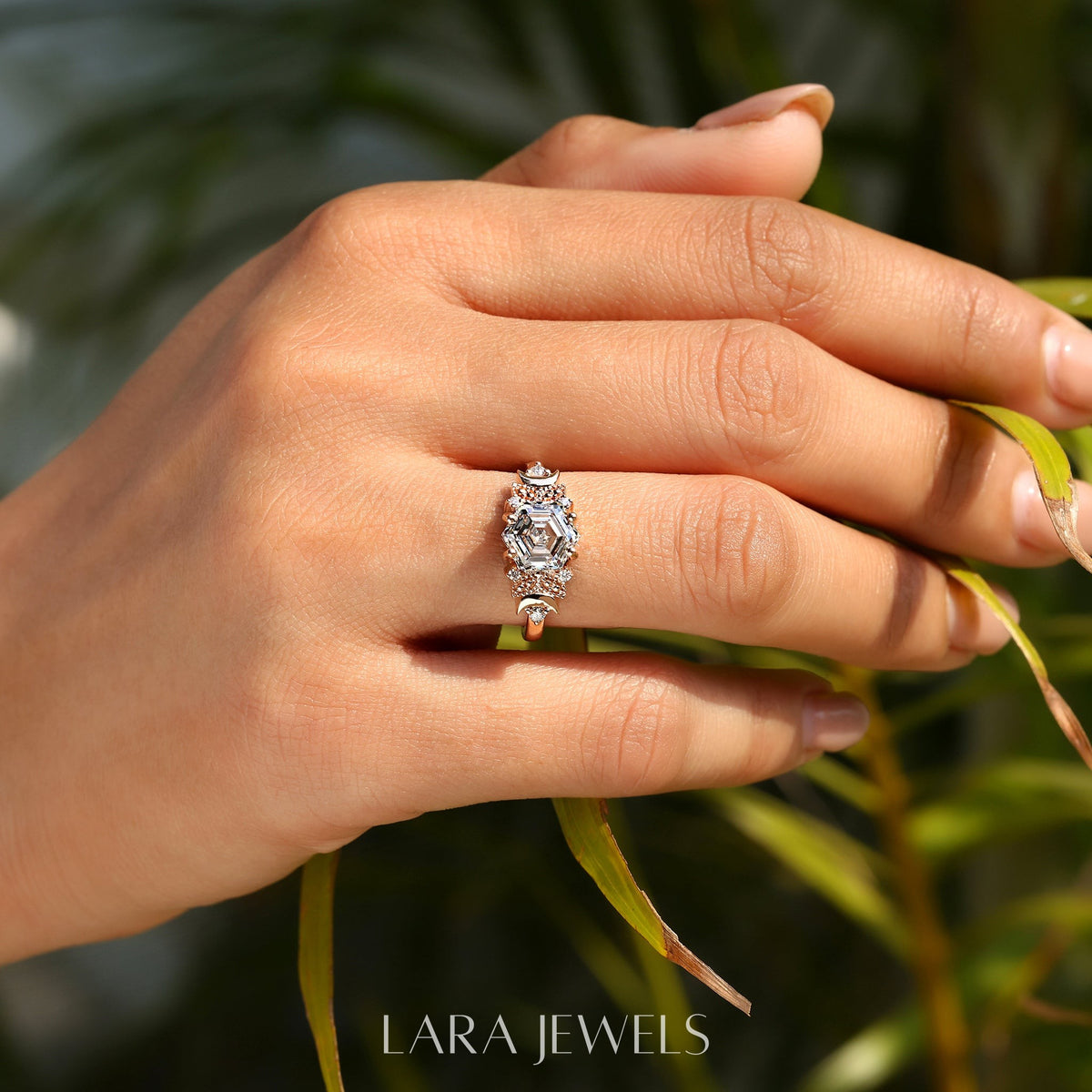 Lab grown hexagon engagement ring in Lara Jewels setting, available in Silver. IGI certified, ethically sourced, handcrafted at Lara Jewels.