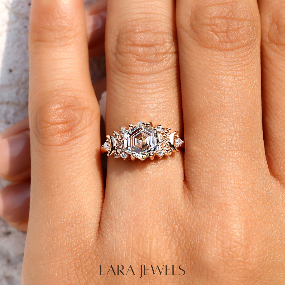 Lab grown hexagon engagement ring in Lara Jewels setting, available in Silver. IGI certified, ethically sourced, handcrafted at Lara Jewels.