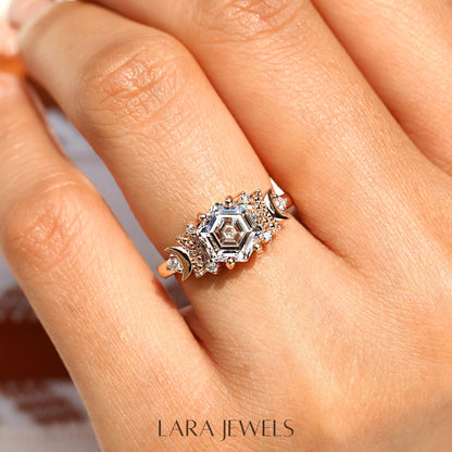 Lab grown hexagon engagement ring in Lara Jewels setting, available in Silver. IGI certified, ethically sourced, handcrafted at Lara Jewels.
