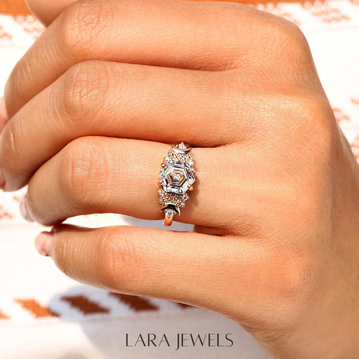 Lab grown hexagon engagement ring in Lara Jewels setting, available in Silver. IGI certified, ethically sourced, handcrafted at Lara Jewels.