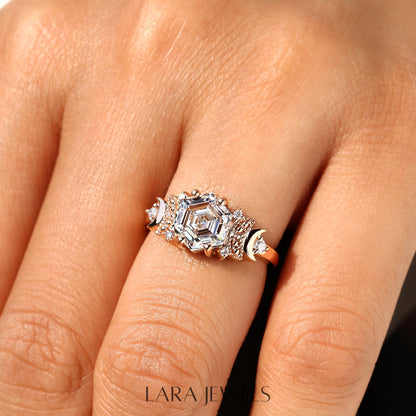 Lab grown hexagon engagement ring in Lara Jewels setting, available in Silver. IGI certified, ethically sourced, handcrafted at Lara Jewels.