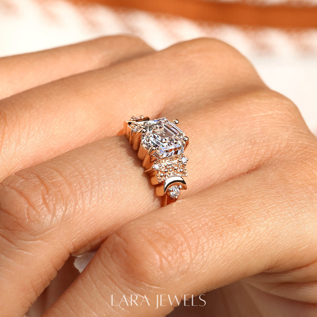 Lab grown hexagon engagement ring in Lara Jewels setting, available in Silver. IGI certified, ethically sourced, handcrafted at Lara Jewels.