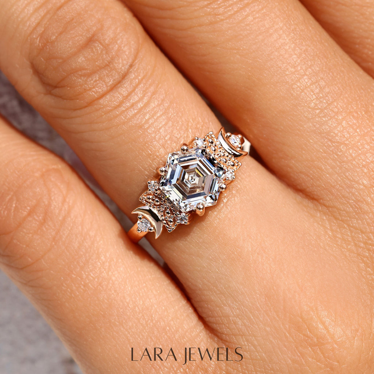 Lab grown hexagon engagement ring in Lara Jewels setting, available in Silver. IGI certified, ethically sourced, handcrafted at Lara Jewels.