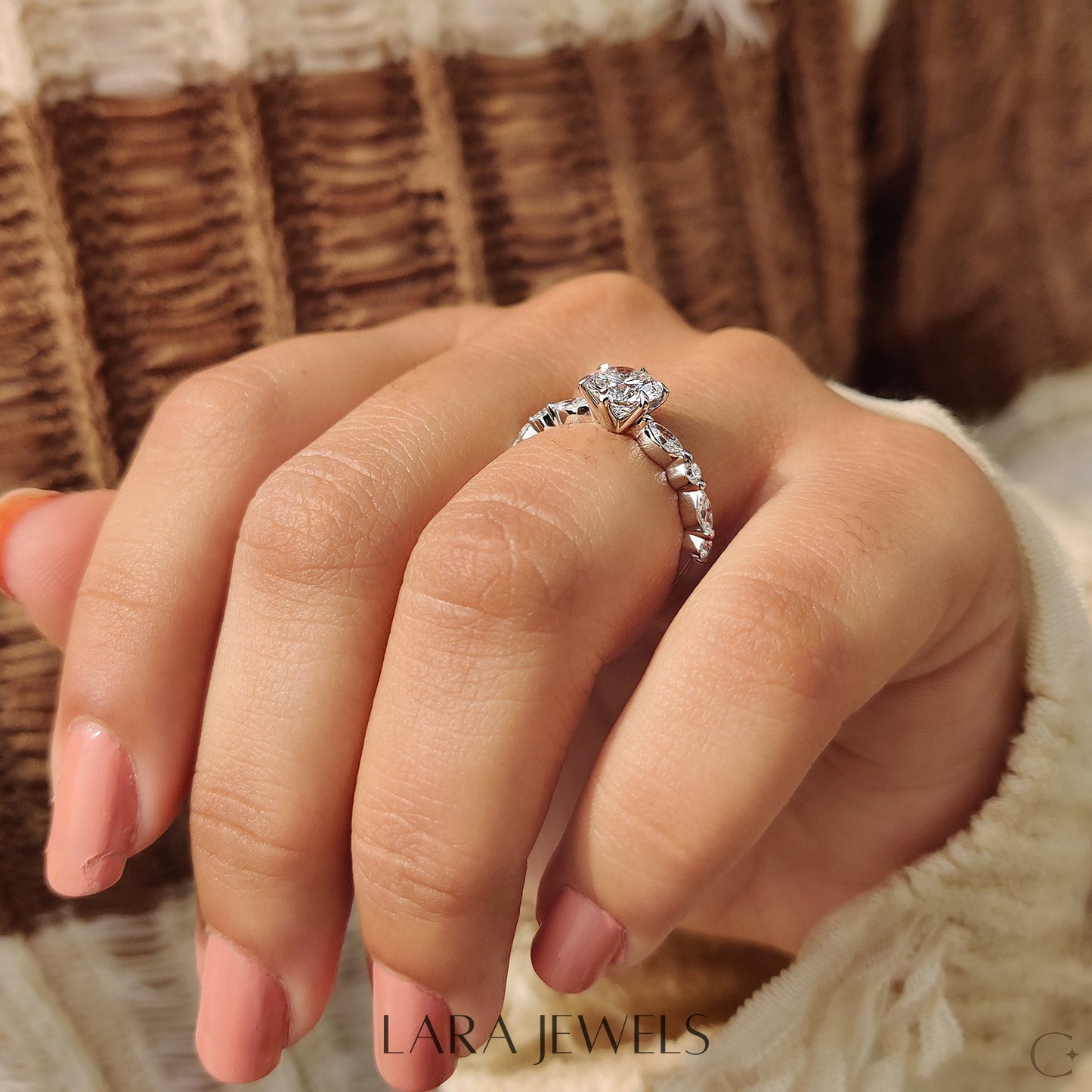Lab grown round engagement ring in Share Prong Band, available in Silver. IGI certified, ethically sourced, handcrafted at Lara Jewels.