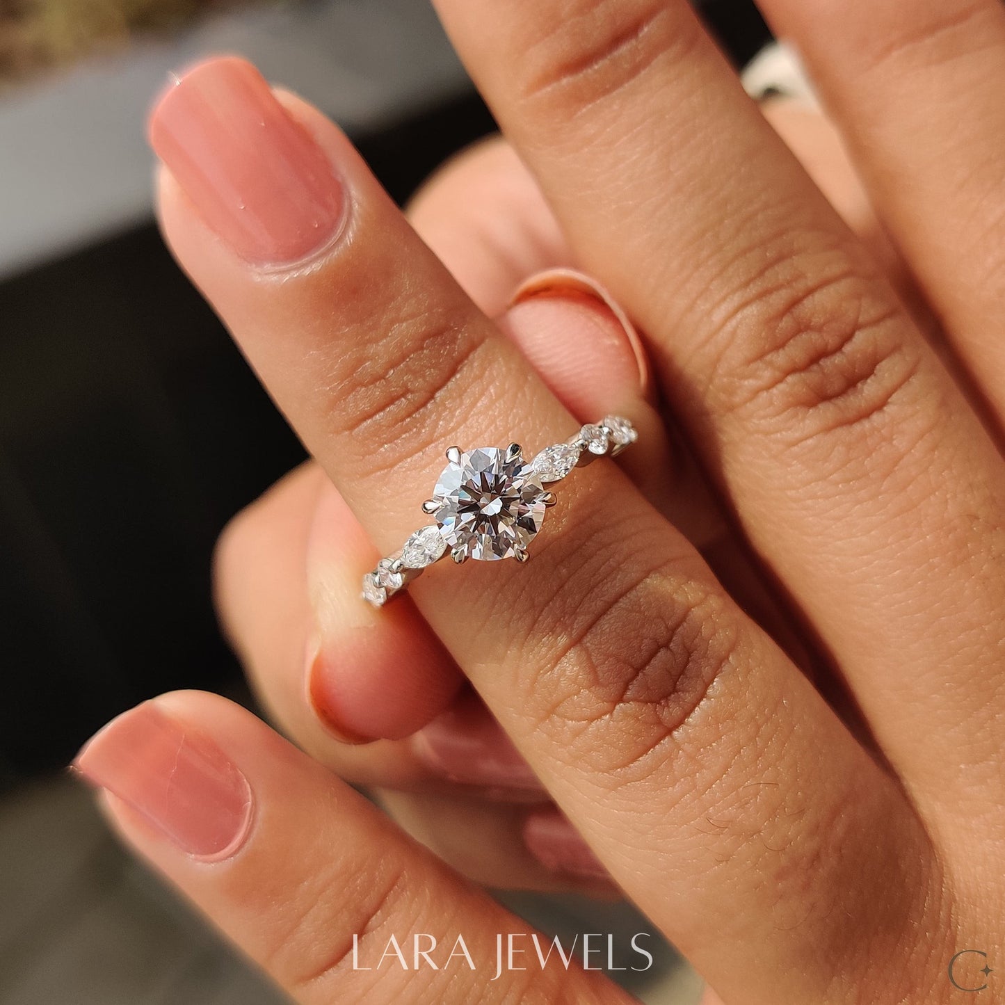 Lab grown round engagement ring in Share Prong Band, available in Silver. IGI certified, ethically sourced, handcrafted at Lara Jewels.