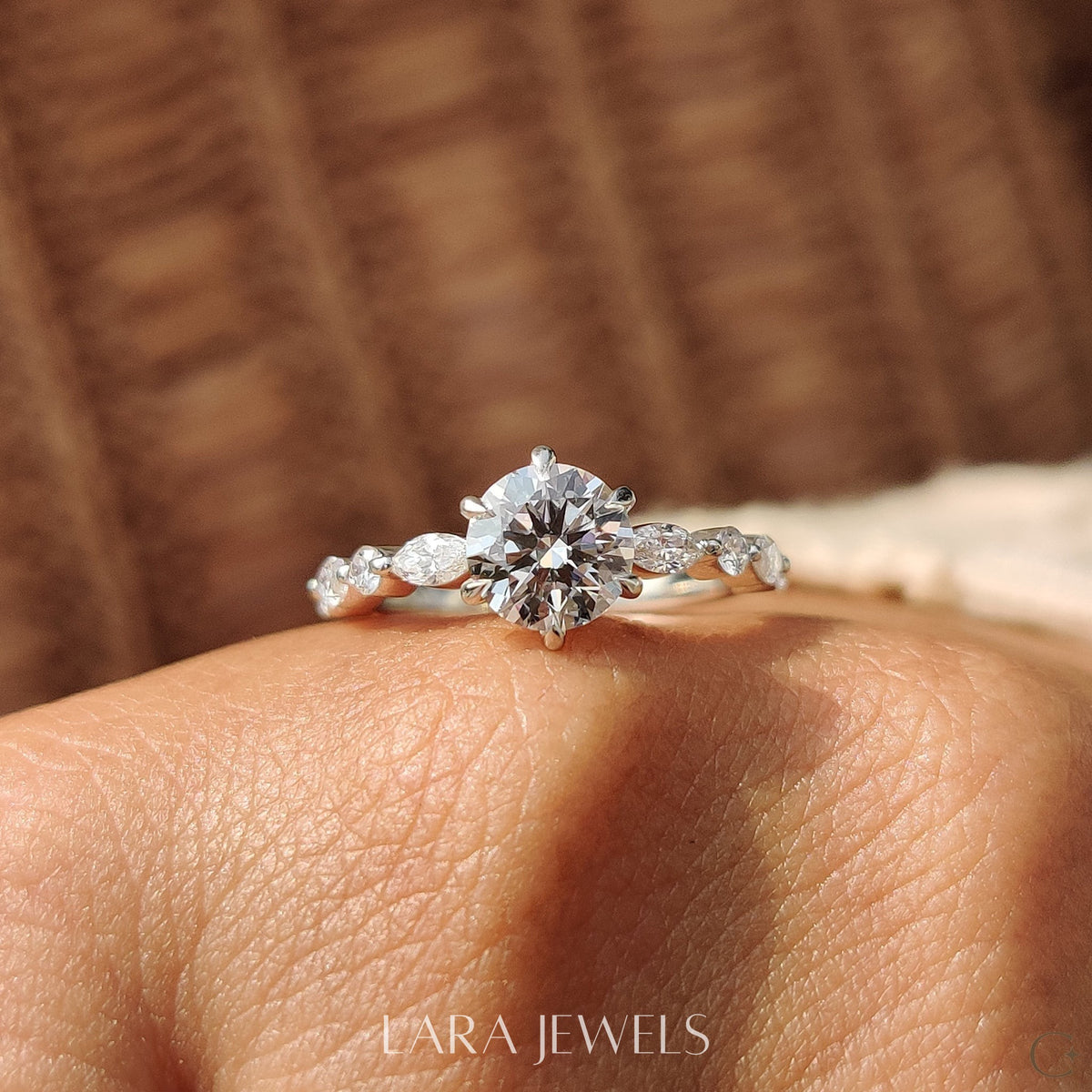 Lab grown round engagement ring in Share Prong Band, available in Silver. IGI certified, ethically sourced, handcrafted at Lara Jewels.