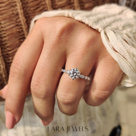 Lab grown round engagement ring in Share Prong Band, available in Silver. IGI certified, ethically sourced, handcrafted at Lara Jewels.