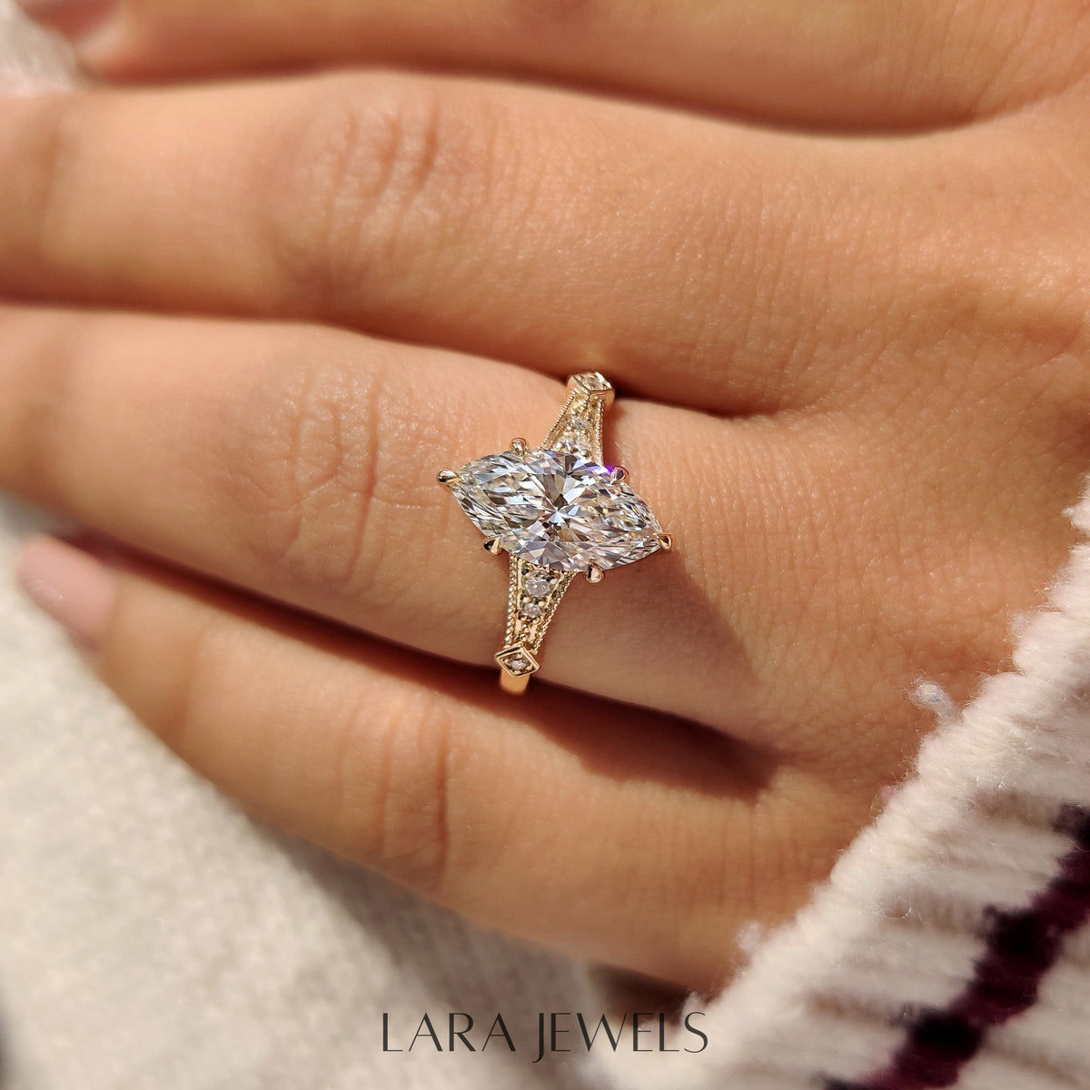 Lab grown marquise engagement ring in Milgrain Details, available in Silver. IGI certified, ethically sourced, handcrafted at Lara Jewels.