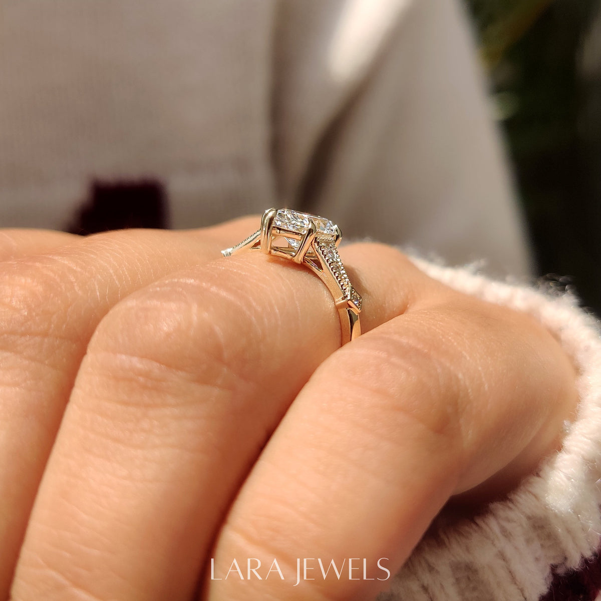 Lab grown marquise engagement ring in Milgrain Details, available in Silver. IGI certified, ethically sourced, handcrafted at Lara Jewels.