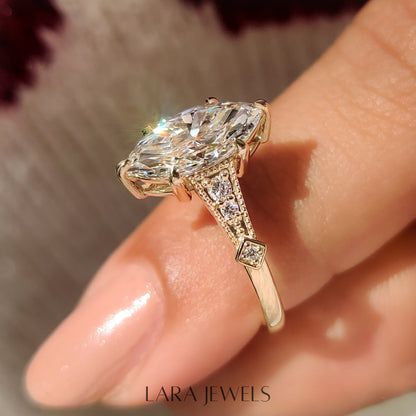 Lab grown marquise engagement ring in Milgrain Details, available in Silver. IGI certified, ethically sourced, handcrafted at Lara Jewels.