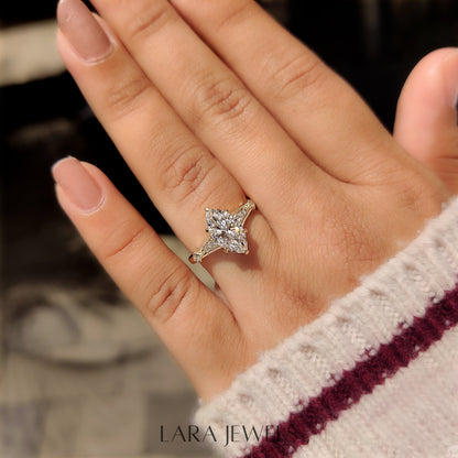 Lab grown marquise engagement ring in Milgrain Details, available in Silver. IGI certified, ethically sourced, handcrafted at Lara Jewels.