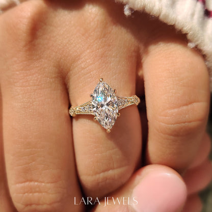 Lab grown marquise engagement ring in Milgrain Details, available in Silver. IGI certified, ethically sourced, handcrafted at Lara Jewels.