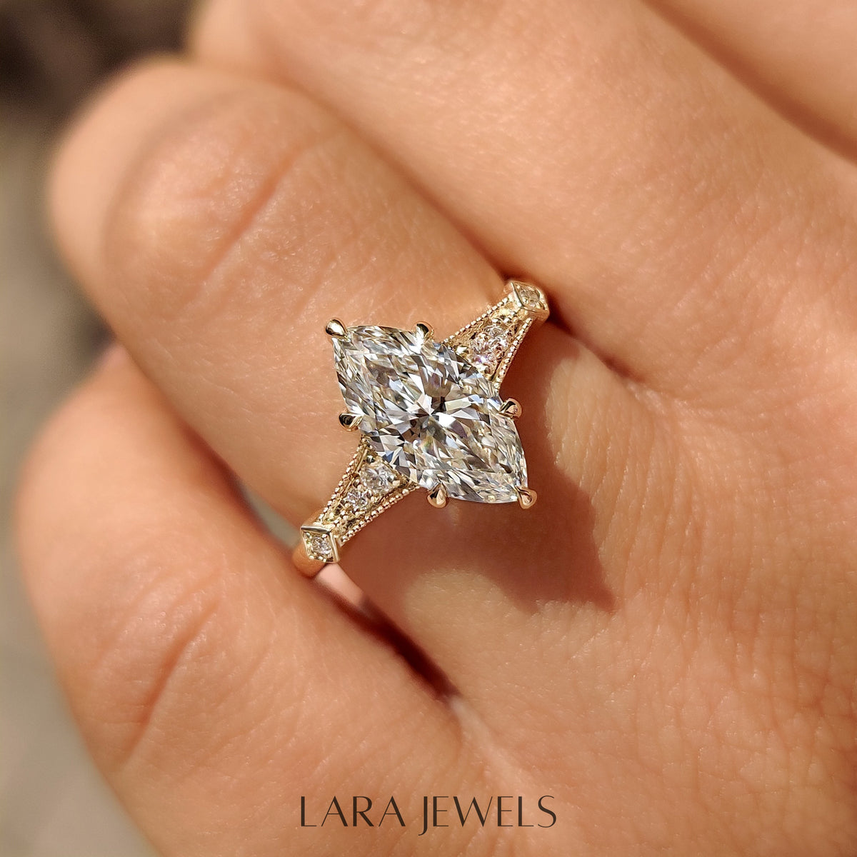 Lab grown marquise engagement ring in Milgrain Details, available in Silver. IGI certified, ethically sourced, handcrafted at Lara Jewels.
