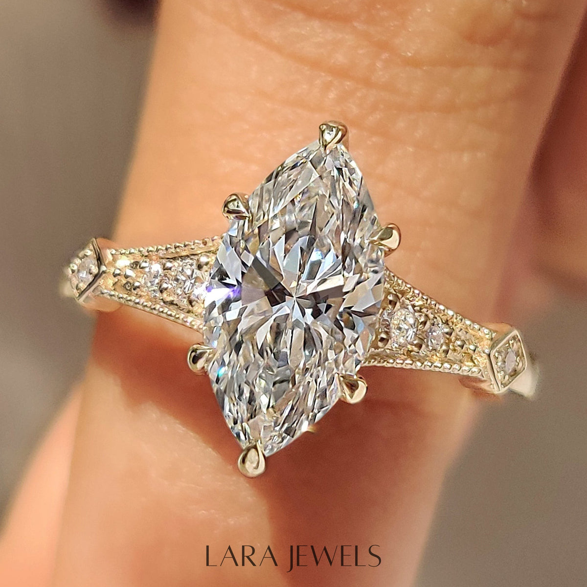 Lab grown marquise engagement ring in Milgrain Details, available in Silver. IGI certified, ethically sourced, handcrafted at Lara Jewels.