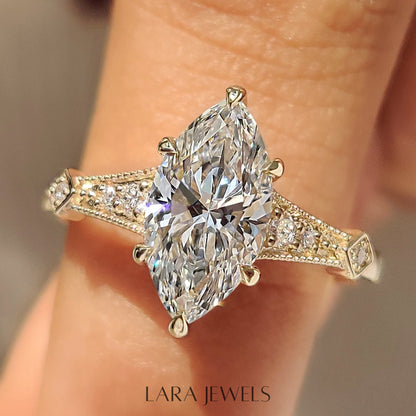 Lab grown marquise engagement ring in Milgrain Details, available in Silver. IGI certified, ethically sourced, handcrafted at Lara Jewels.